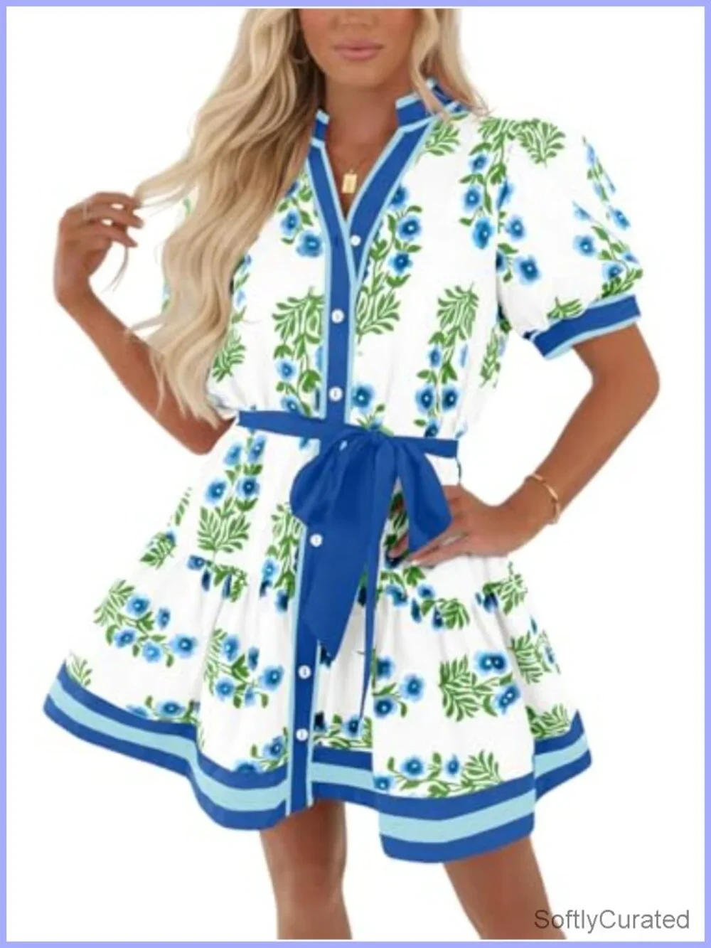 Floral Bohemian Mini Dress Puff Short Sleeve V-Neck Button Down Loose Fit with